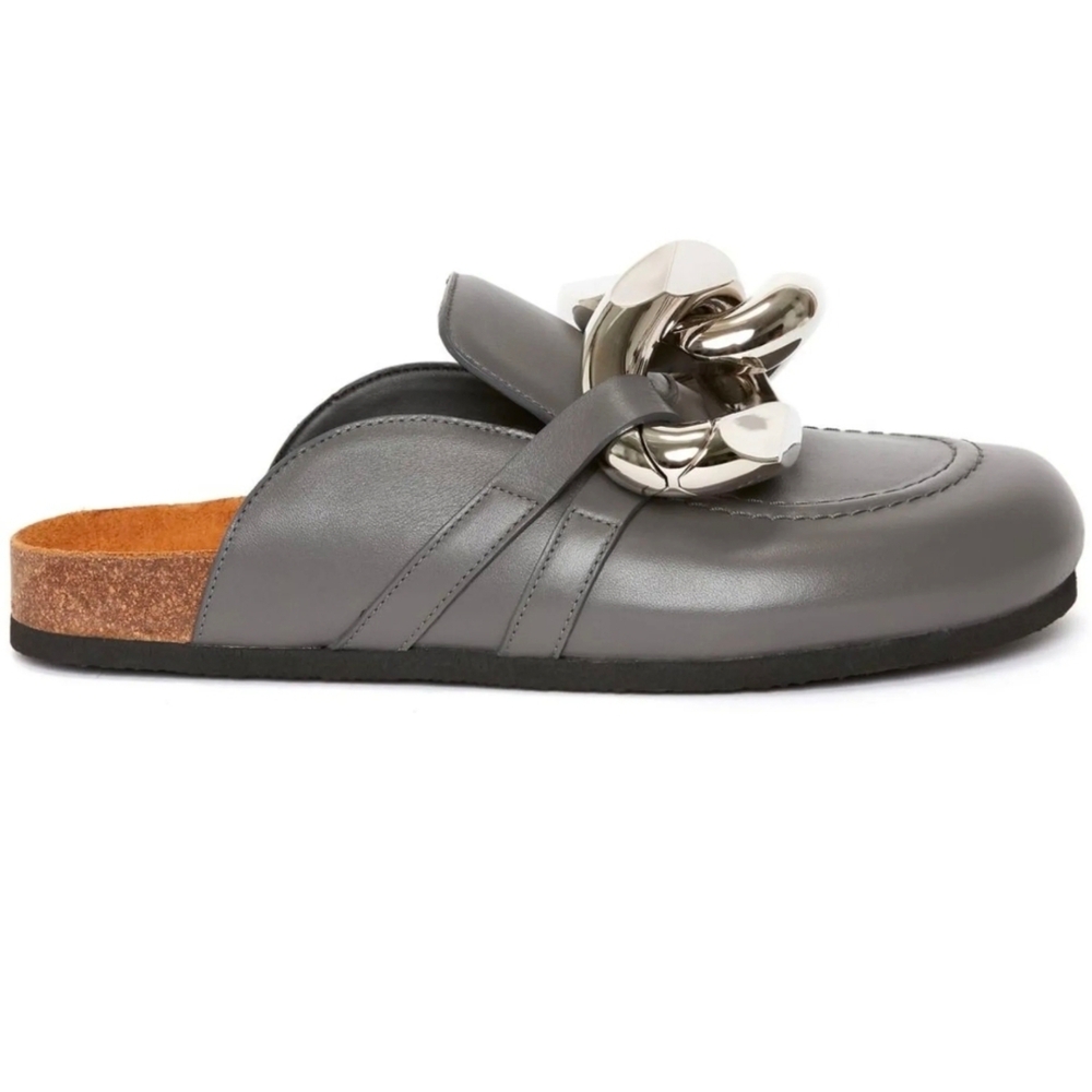 JW ANDERSON Gray Leather Mules with Silver Accent